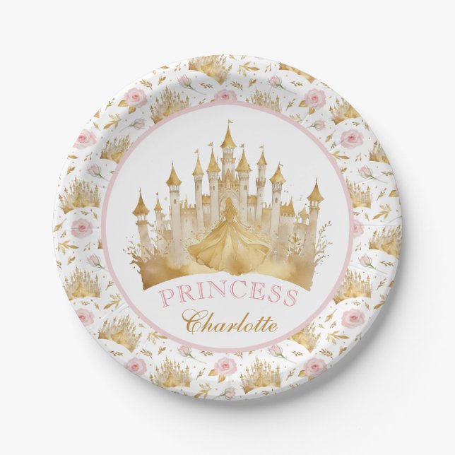 Pink and Gold Princess Party Paper Plates  (Front)