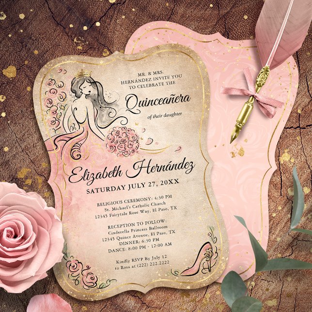 Pink and Gold Princess Quinceanera Birthday Invitation (Creator Uploaded)