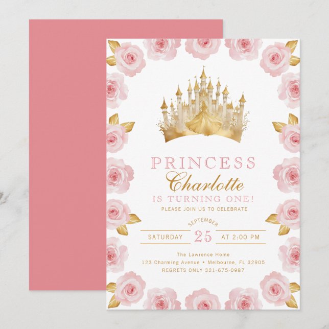 Pink and Gold Princess Rose Birthday Invitation (Front/Back)