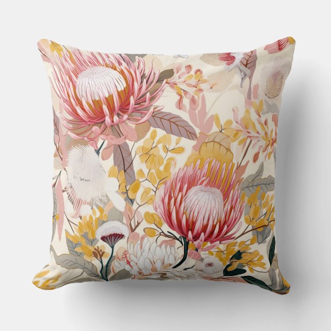 Pink and Gold Protea Floral Cushion (Front)