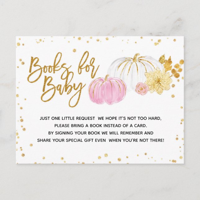 Pink and Gold Pumpkin Baby Shower Books for Baby Invitation Postcard (Front)