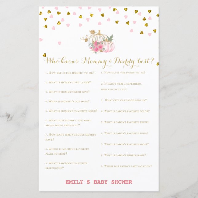 pink and Gold Pumpkin Baby Shower Game (Front)