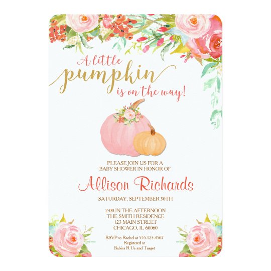 pink and gold pumpkin baby shower invitation, fall card