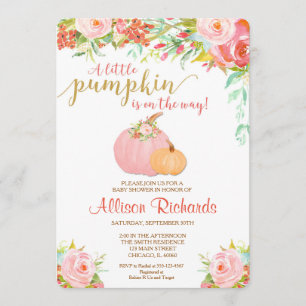pink and gold pumpkin baby shower invitation, fall invitation
