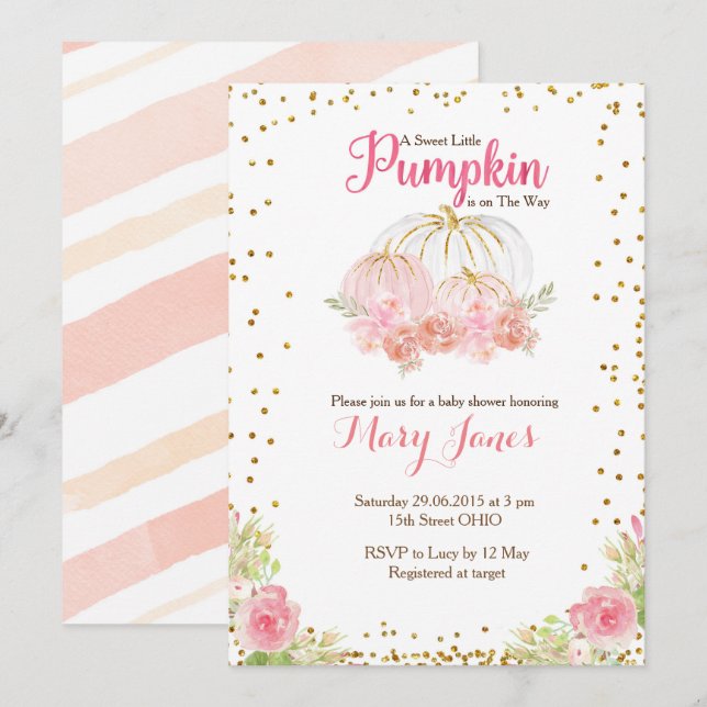 Pink and Gold pumpkin baby shower watercolor Invitation (Front/Back)
