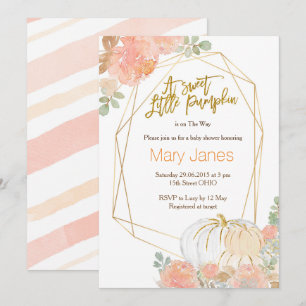 Pink and gold pumpkin baby shower watercolor invitation