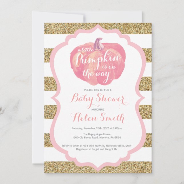 Pink and Gold Pumpkin Girl Baby Shower Invitation (Front)