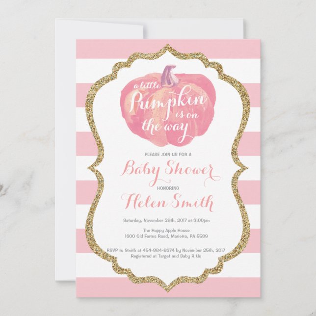 Pink and Gold Pumpkin Girl Baby Shower Invitation (Front)