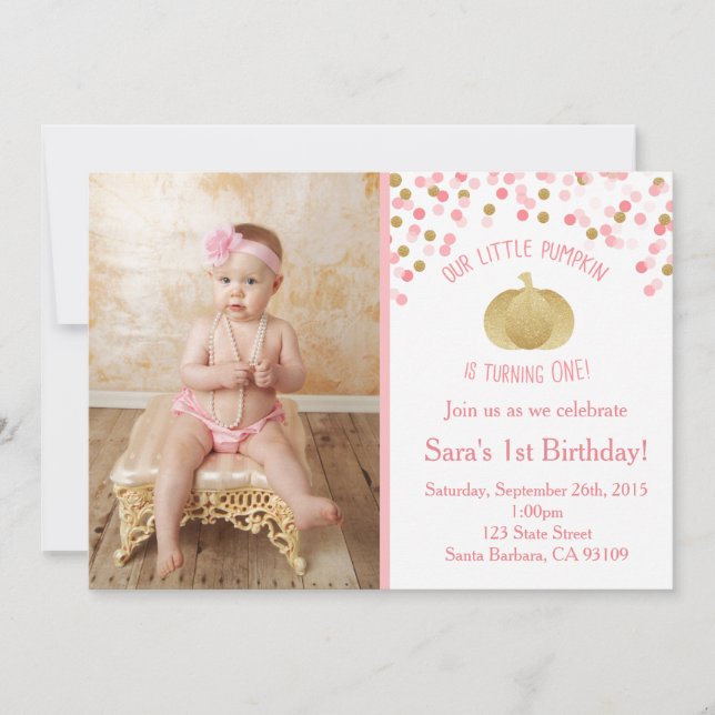 Pink and Gold Pumpkin Invitation First Birthday (Front)