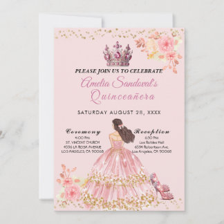 Pink and Gold Quinceanera Floral Invitation