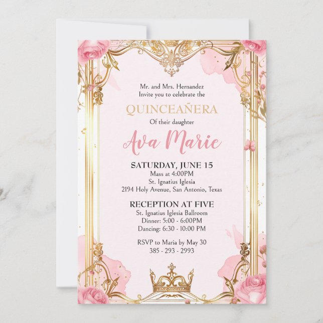 Pink and Gold Quinceañera Invitation (Front)