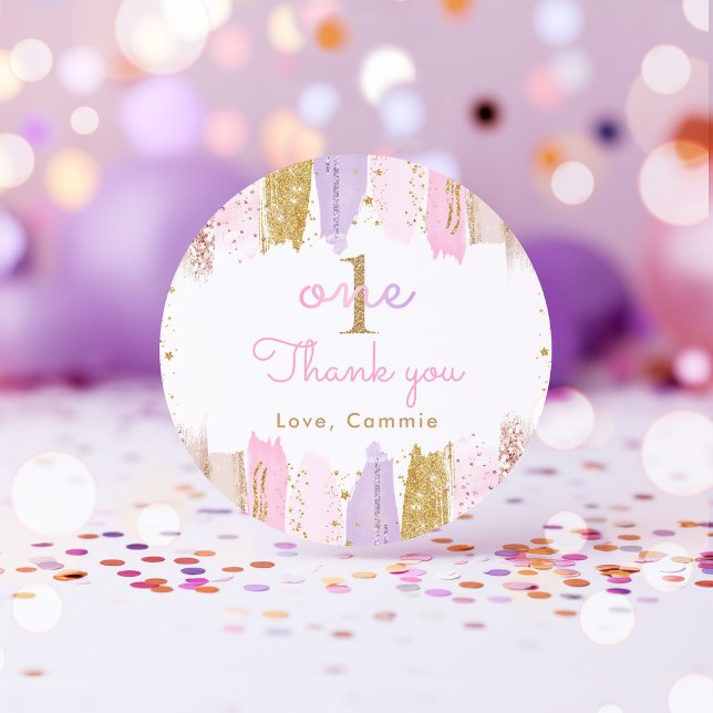 Pink And Gold Rainbow 1st Birthday Favours Classic Round Sticker (Creator Uploaded)