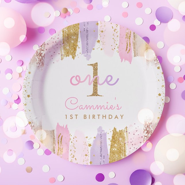 Pink And Gold Rainbow 1st Birthday Party Paper Plate (Creator Uploaded)