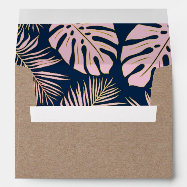 Pink and gold ropical leaves navy rustic wedding envelope (Back (Bottom))