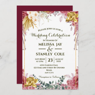 Pink and Gold Rose Eucalyptus Floral Wedding Invitation