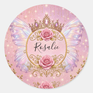Pink and Gold Rose Floral Fairy Princess Butterfly Classic Round Sticker