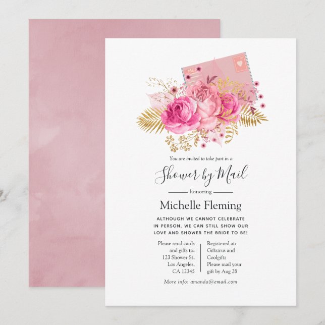Pink and Gold Roses Baby or Bridal Shower by Mail Invitation (Front/Back)
