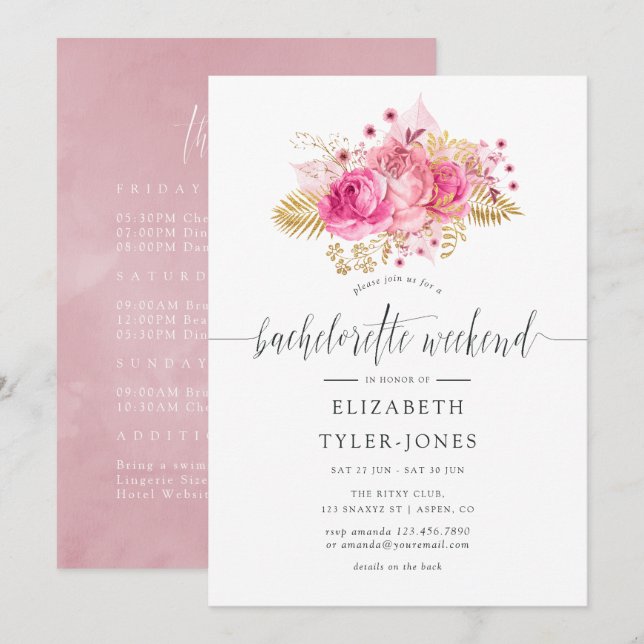 Pink and Gold Roses Bachelorette Weekend Itinerary Invitation (Front/Back)