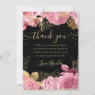 Pink and Gold Roses Border Floral Birthday Thank You Card