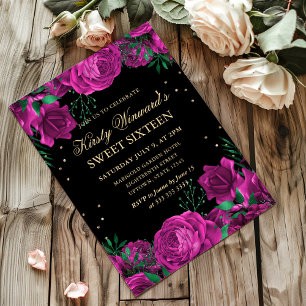 Pink and Gold Roses Border Floral Sweet Sixteen Invitation