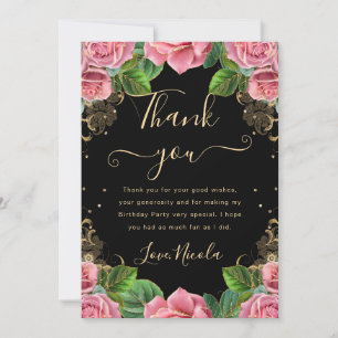 Pink and Gold Roses Floral Birthday Thank You Card