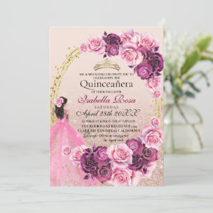  Pink and Gold Roses Quinceanera XV Años Invitation