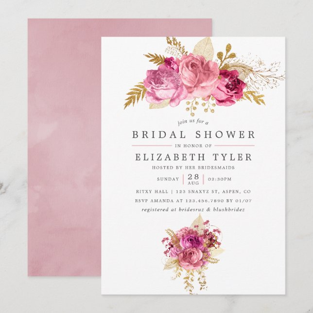 Pink and Gold Roses Watercolor Bridal Shower Invitation (Front/Back)