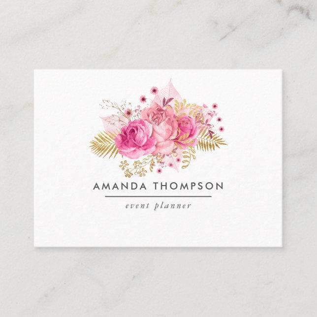 Pink and Gold Roses Watercolor Floral Business Card (Front)