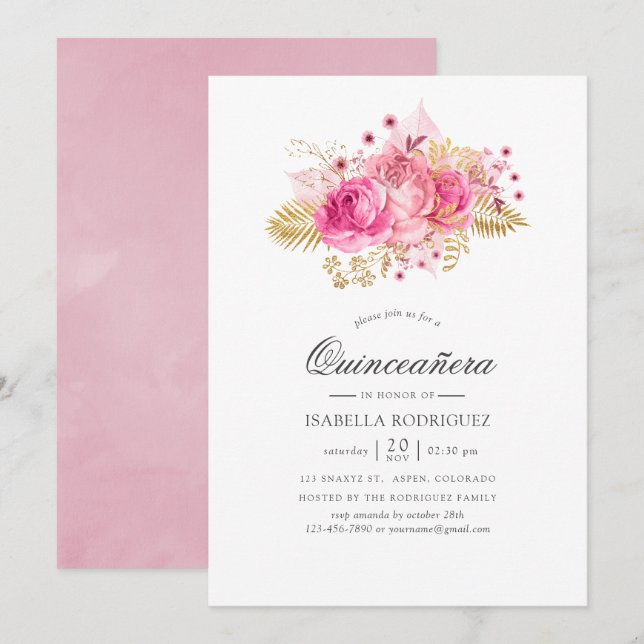 Pink and Gold Roses Watercolor Quinceañera Invitation (Front/Back)