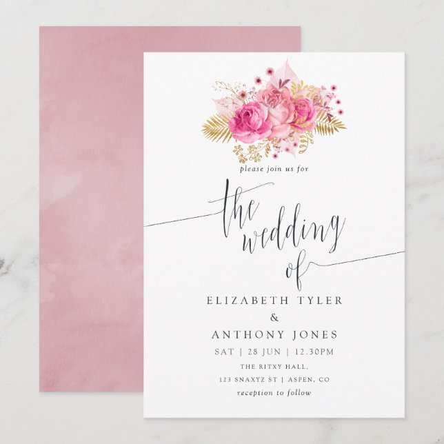 Pink and Gold Roses Watercolor Wedding Invitation (Front/Back)