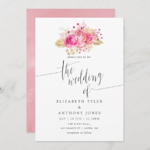 Pink and Gold Roses Watercolor Wedding Invitation