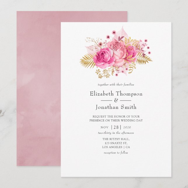 Pink and Gold Roses Watercolor Wedding Invitation (Front/Back)