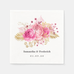 Pink and Gold Roses Watercolor Wedding Napkin