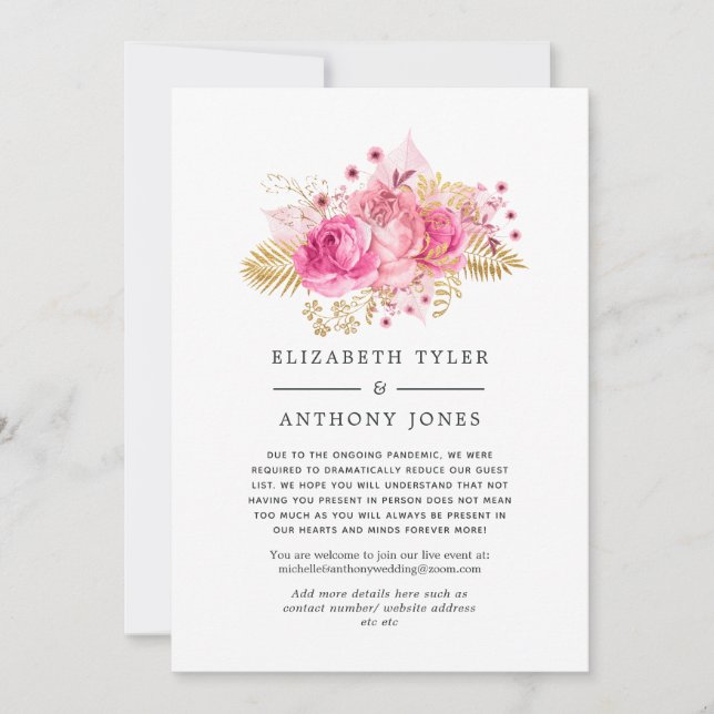 Pink and Gold Roses Wedding Reduced Guest List Announcement (Front)