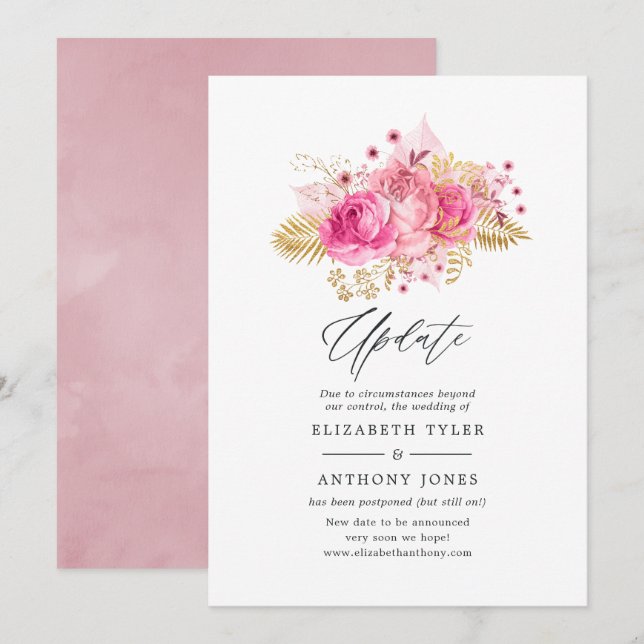 Pink and Gold Roses Wedding Update Invitation (Front/Back)
