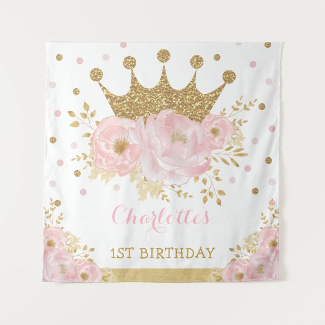 Pink and Gold Royal Crown Princess Birthday Party Tapestry (Front)