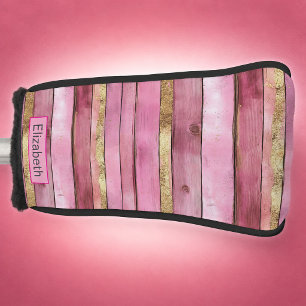 Pink and Gold Rustic Faux Wood Personalised Golf Head Cover