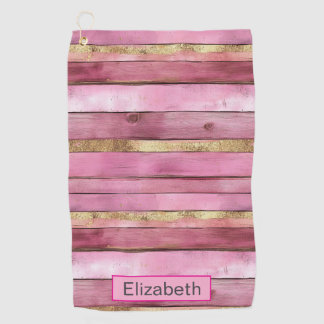 Pink and Gold Rustic Faux Wood Personalised Golf Towel