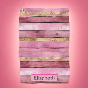 Pink and Gold Rustic Faux Wood Personalised Golf Towel