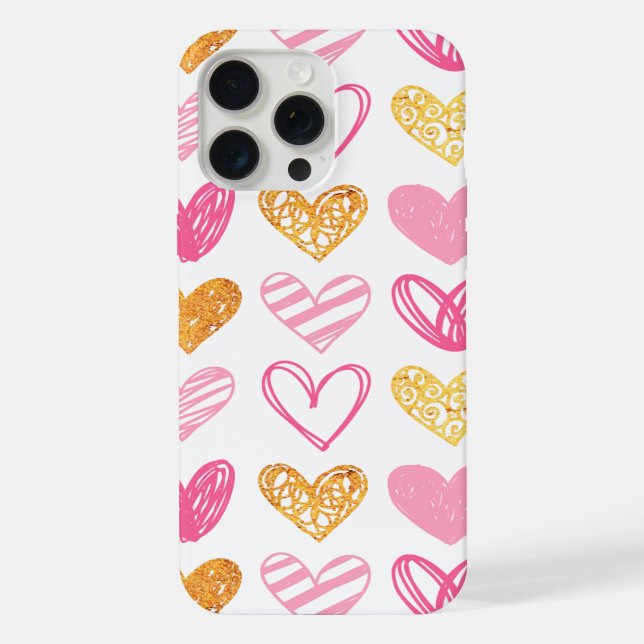 Pink and Gold Scribbled Hearts iPhone Case (Back)