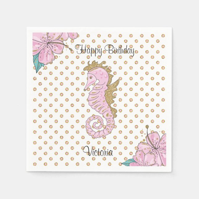 Pink and Gold Seahorse Gem Stone Paper Napkins (Front)