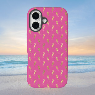 Pink and Gold Seahorse Repeat Pattern iPhone 16 Case