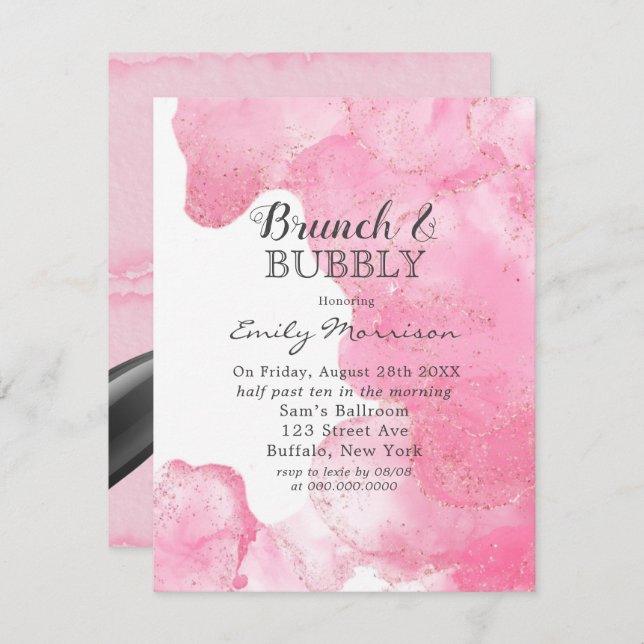 Pink and Gold Smoke Glitter Brunch & Bubbly  Invit Invitation (Front/Back)