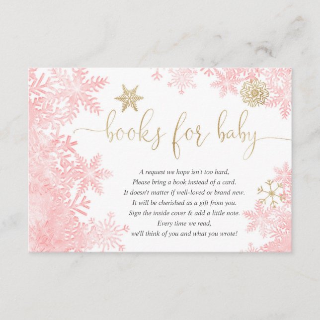 Pink and gold snowflake baby shower book request e enclosure card (Front)