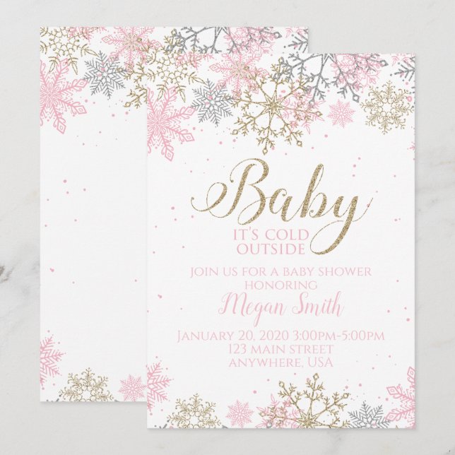 Pink and Gold Snowflake Winter Baby Shower Invitation (Front/Back)