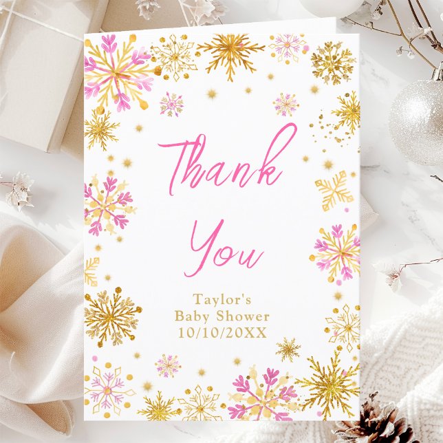 Pink and Gold Snowflakes Baby Shower Thank You Card (Creator Uploaded)