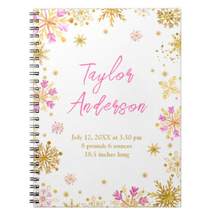 Pink and Gold Snowflakes Birth Stats Notebook