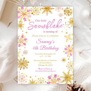 Pink and Gold Snowflakes Birthday Party Invitation