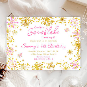 Pink and Gold Snowflakes Birthday Party Invitation