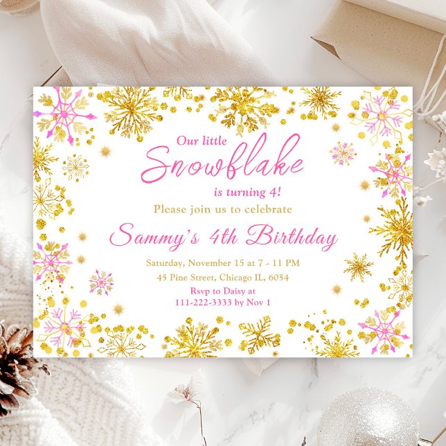 Pink and Gold Snowflakes Birthday Party Invitation (Creator Uploaded)